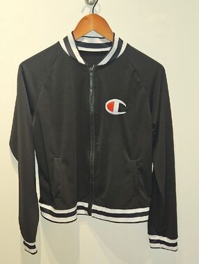 Champion Black Light Crop Jacket with White Trim and Red Logo